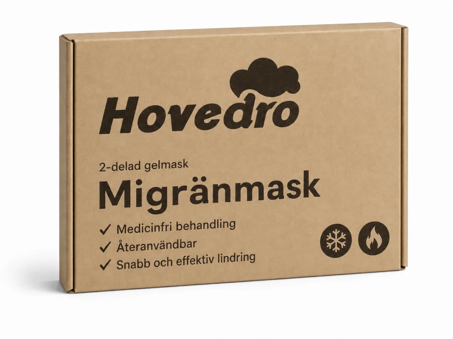 Förpackning till Hovedro migränmask sedd snett framifrån